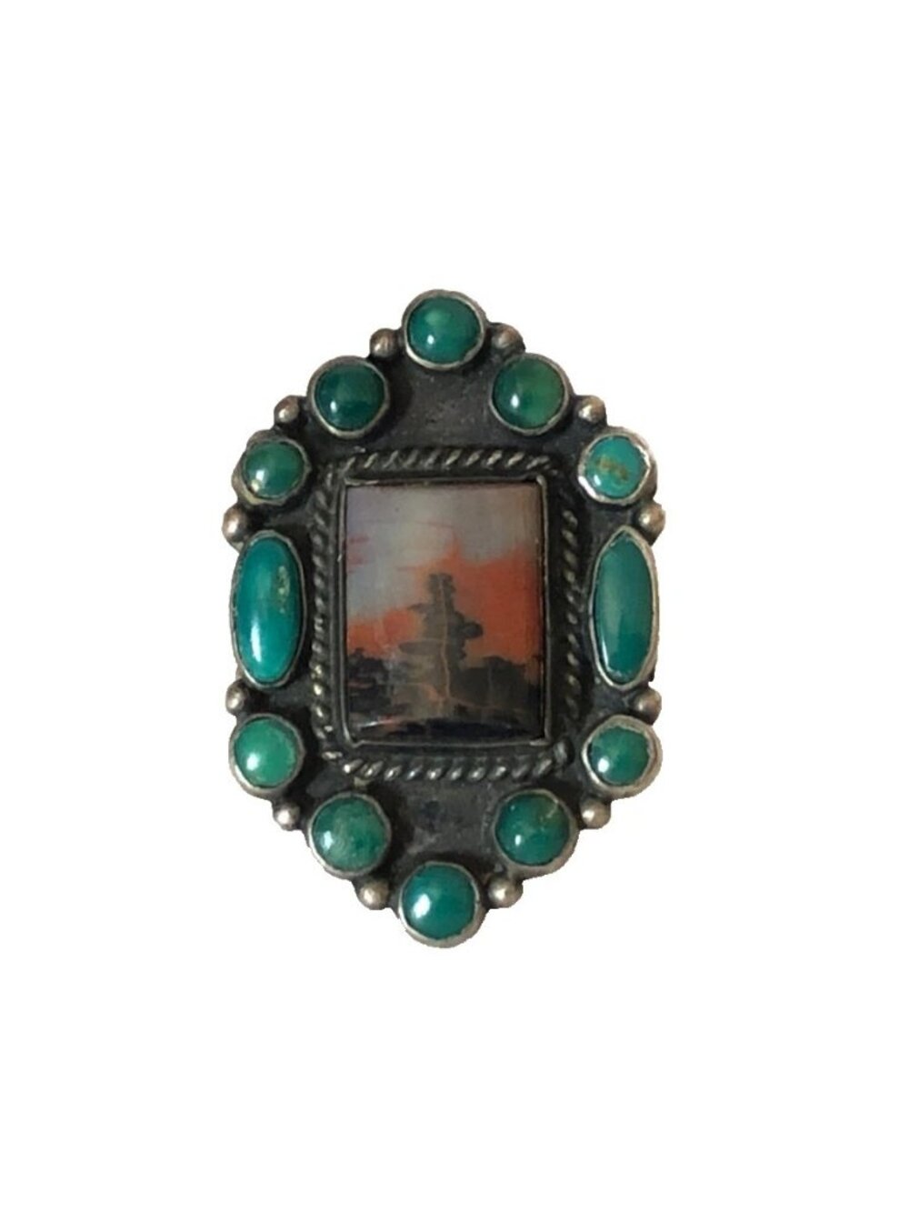 Navajo Turquoise Picture Agate Vintage Ring Sterling Silver 925 Size 7.5 Adjust
